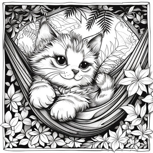 A cartoon cat relaxing in a hammock