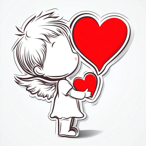 Cupid silhouette holding a heart, red on white background