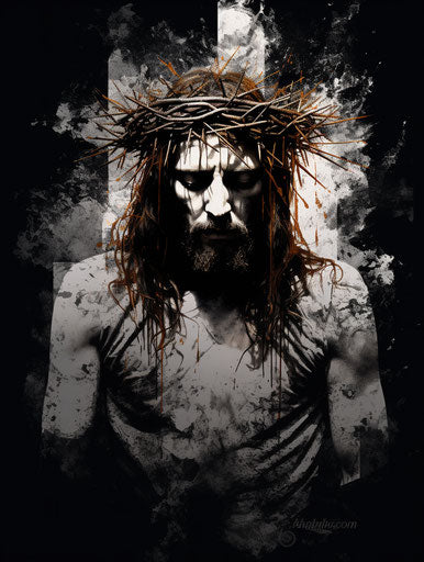 Inked portrait of Jesus on crown of thorns with cross, pointillist style