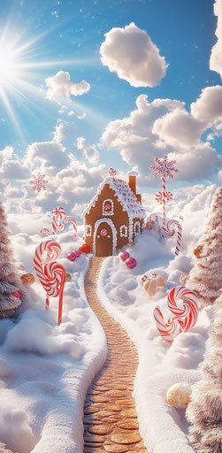 Winding path to gingerbread house in the clouds