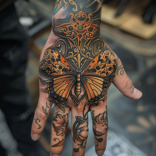 Butterfly hand tattoo with medieval fantasy