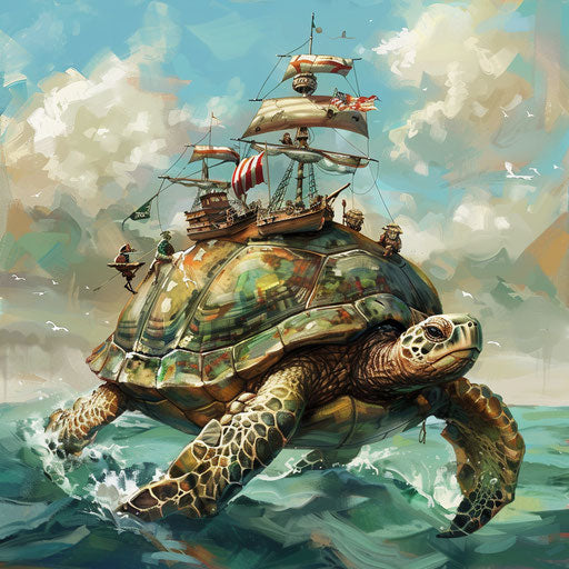 A turtle serving as a ship for tiny adventurers, sailing the open seas