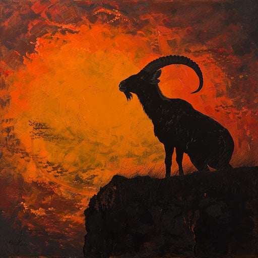 Ibex against a fiery sunset, in the style of Frans Lanting