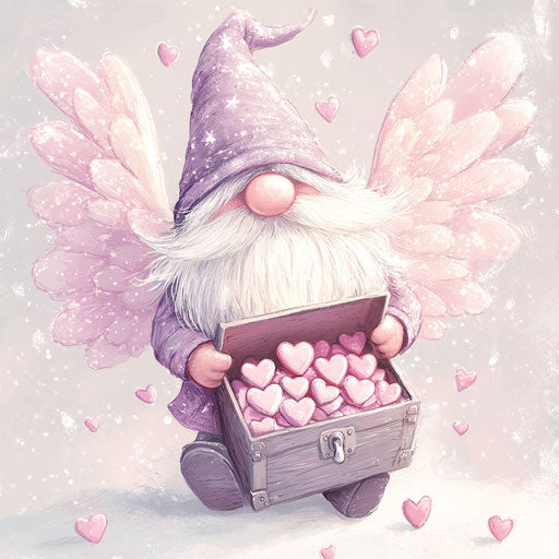 Valentine's Day gnome with wings, heart-shaped candy treasure chest, digital art style