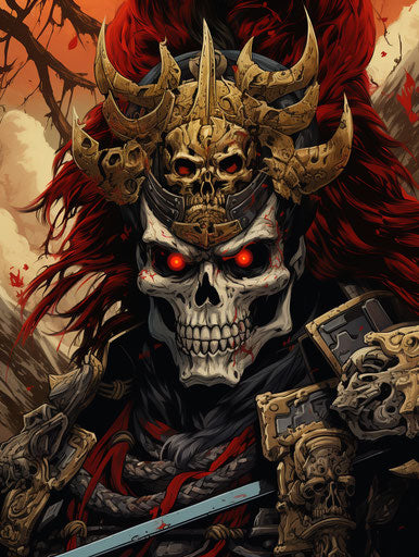 Drawing and color design of a Japanese samurai, manga-influenced, skeletal 3:4