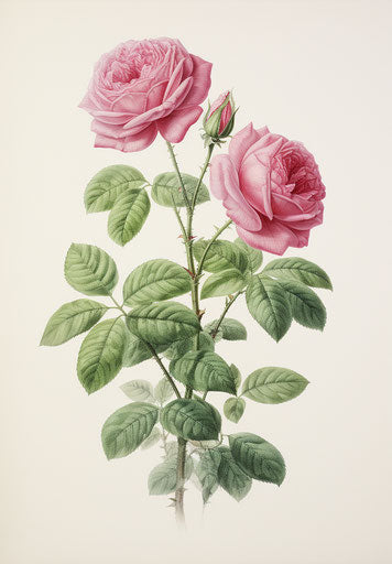 Embroidered roses with leaf, naive drawing style, magenta