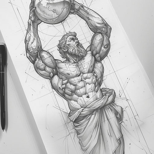 Black and grey tattoo sketch with Hercules holding up the world