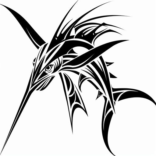 Illustration of a tribal-style swordfish tattoo