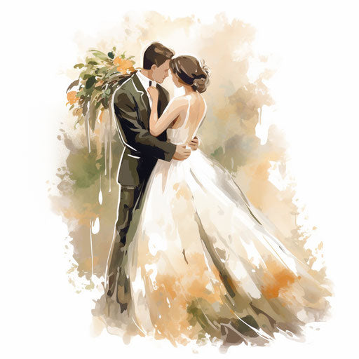 Wedding card clipart in the style of Impressionistic Art, on a white background