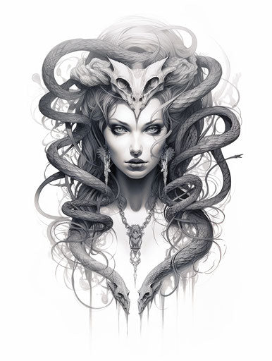 Fantastic woman tattoo with cobra in black and white