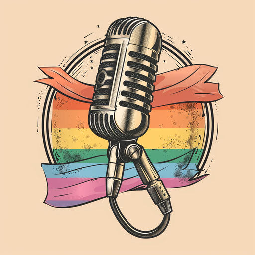 Vintage microphone with pride flag ribbon, flat tattoo sketch for music lovers