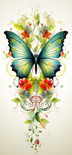 Colorful fluttering butterfly with green leaves