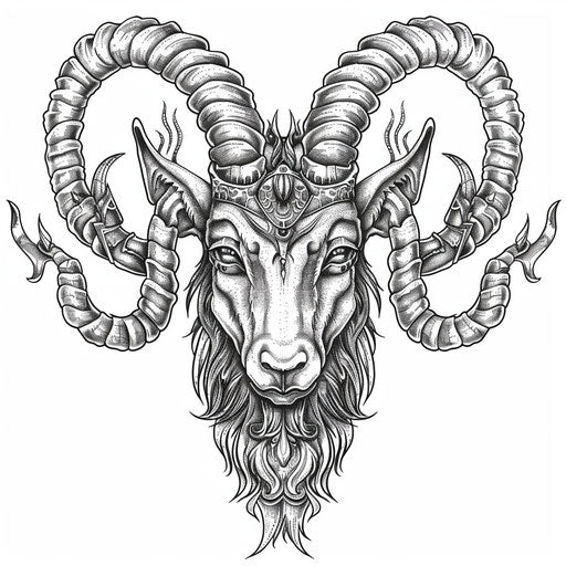 Capricorn zodiac flat tattoo sketch, intricate goat horns