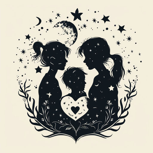 Beautiful flat tattoo sketch for three children with heart and stars