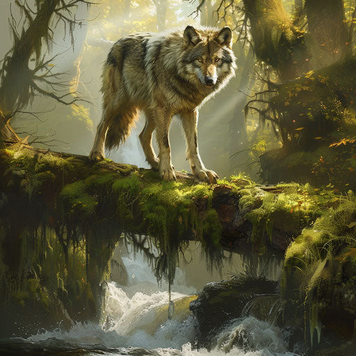 Majestic wolf on mossy log over bubbling brook in forest