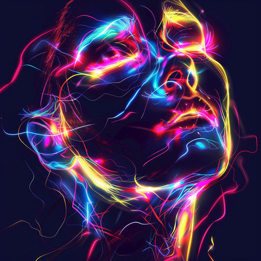 Modern flat tattoo sketch of a neon abstract face with multicolored light streaks