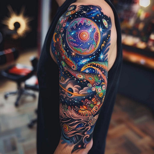 Half sleeve tattoo for men in the style of Guy Aitchison with cosmic, colorful patterns