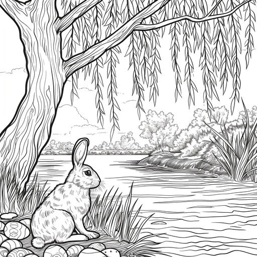 Serene landscape with an Easter bunny by a calm river under a willow tree
