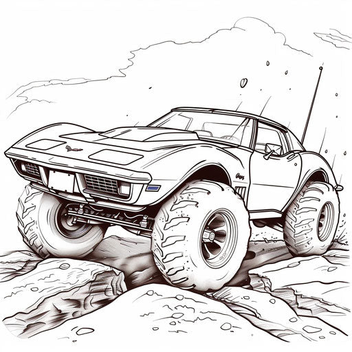 Whimsical Corvette with monster truck wheels