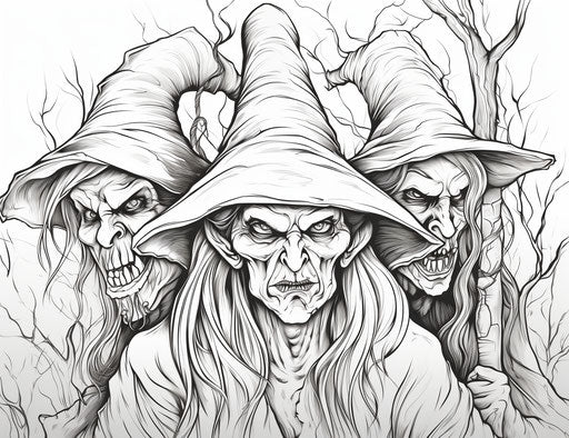 Three scary witches coloring page