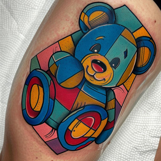 Pop art teddy bear tattoo, bright colors on white background