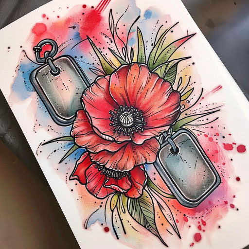 Military insignia and poppy, bold and colorful tattoo