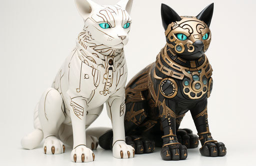 Friendly feline breeds with dark, white, and azure styles, ancient Egypt, otherworldly, dollcore, shiny eyes, barbiecore, solapunk 17:11