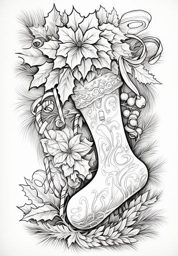 Christmas stocking coloring page, ink-washed, colorful and energetic