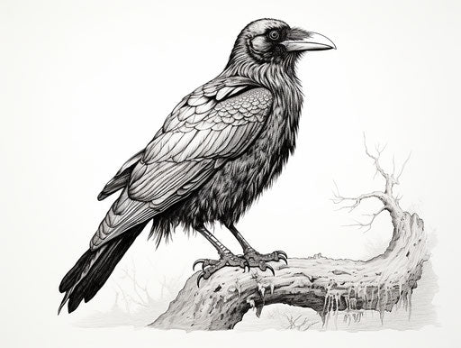 Black and white drawing of a raven in detailed miniature style