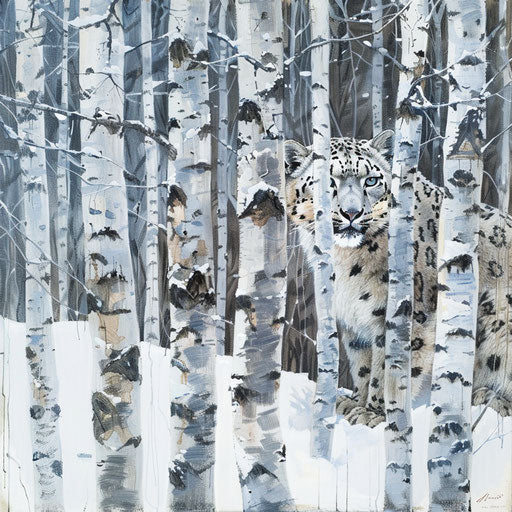 Snow leopard camouflaged in a silent forest