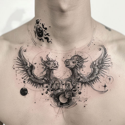 Surreal collarbone tattoo with cosmic elements