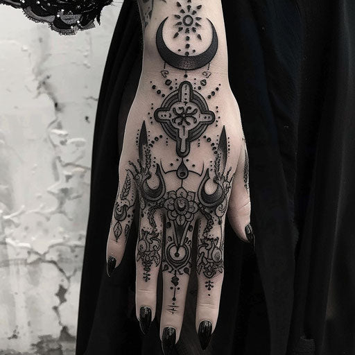 Dark hand tattoo for women with mysterious symbols