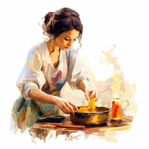 Cooking illustration in the style of oil painting, on white background