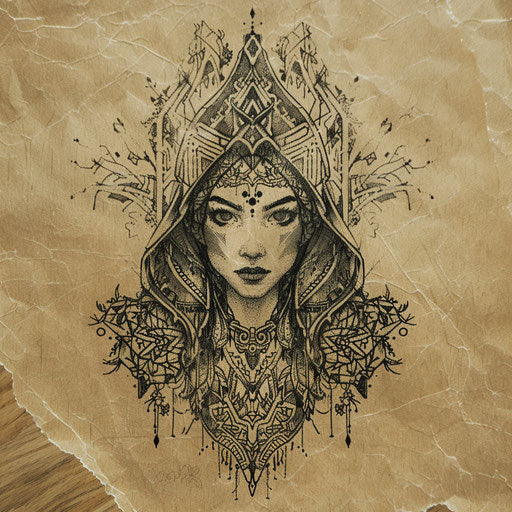 Flat tattoo sketch of Artemis with lace-like pattern