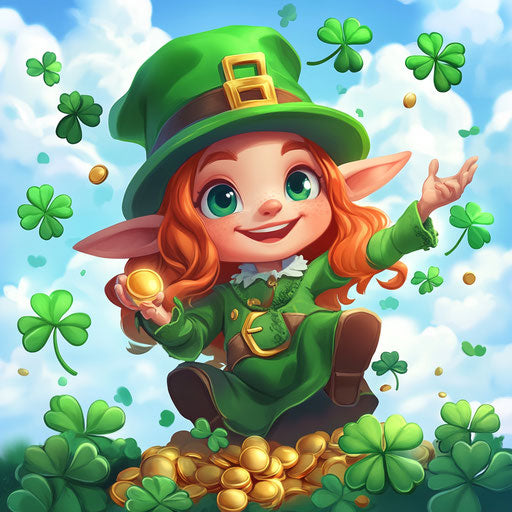 St. Patrick's Day, a cute leprechaun with a pot of gold and shamrocks in the style of Artgerm, in a cartoon style