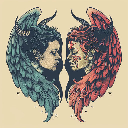 Modern tattoo sketch in flat design, angels and devils sharing secrets, pastel tones