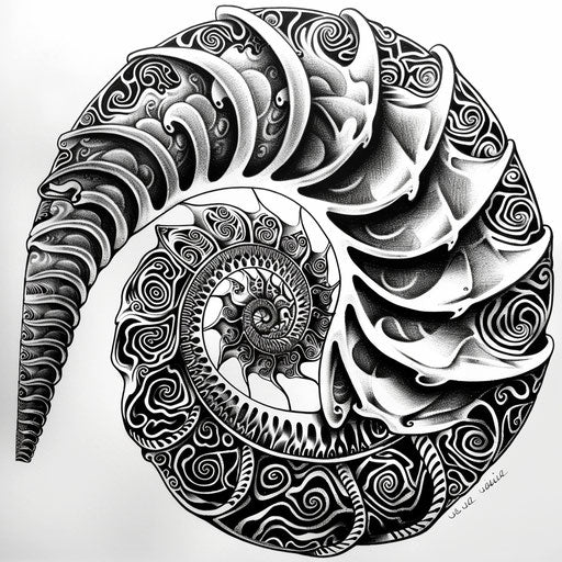 Bold tattoo sketch of nautilus shell in black and white