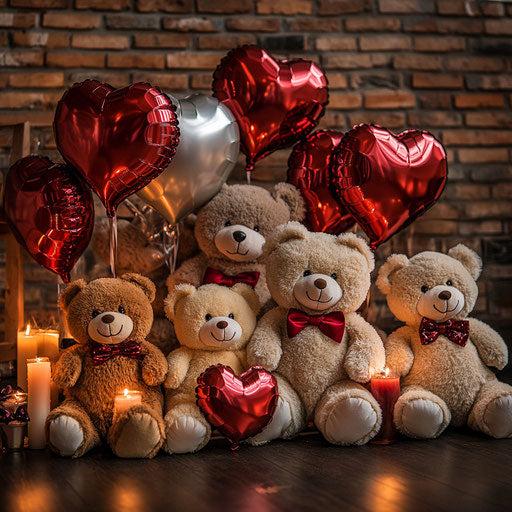 Teddy bears with heart balloons against dark brick wall
