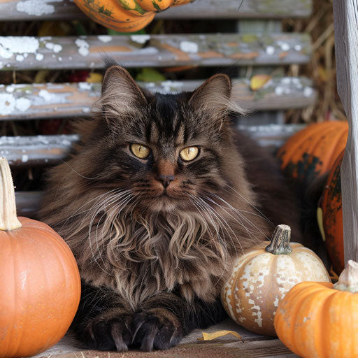 Brown cat resting with pumpkins