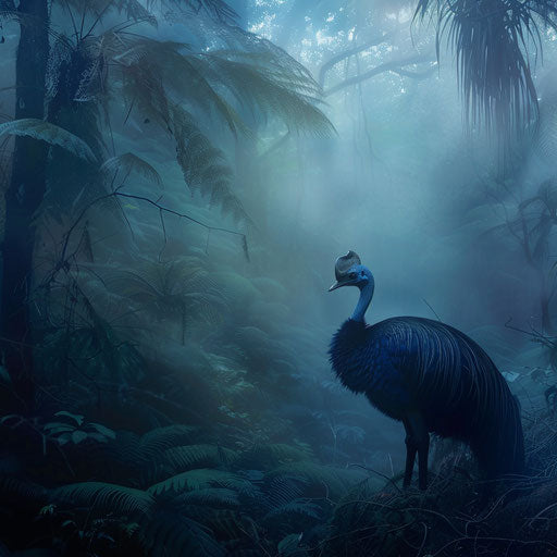 Cassowary in a misty jungle, ethereal and mysterious