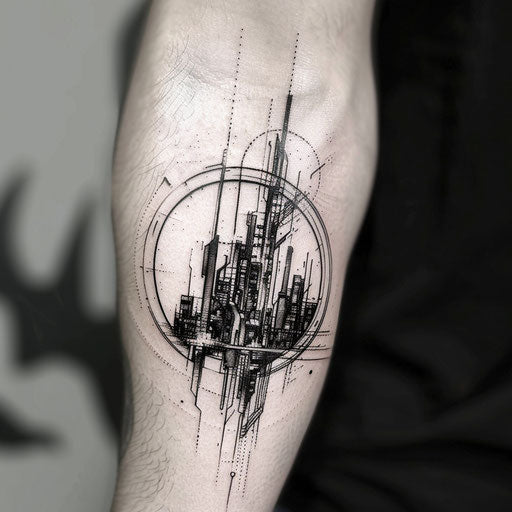 Tattoo of futuristic cityscape in the style of J.P. Targete