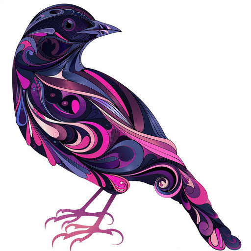 Flat clipart-style tattoo sketch of a blackbird with an abstract pattern of purple and pink swirls