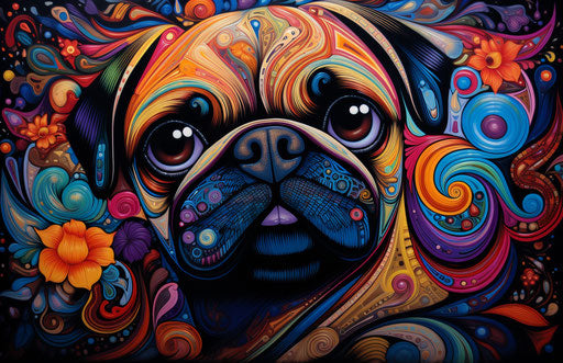 A happy pug in darkly comedic style