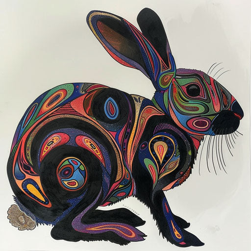 Flat tattoo sketch of a black rabbit with psychedelic swirls and vibrant colors