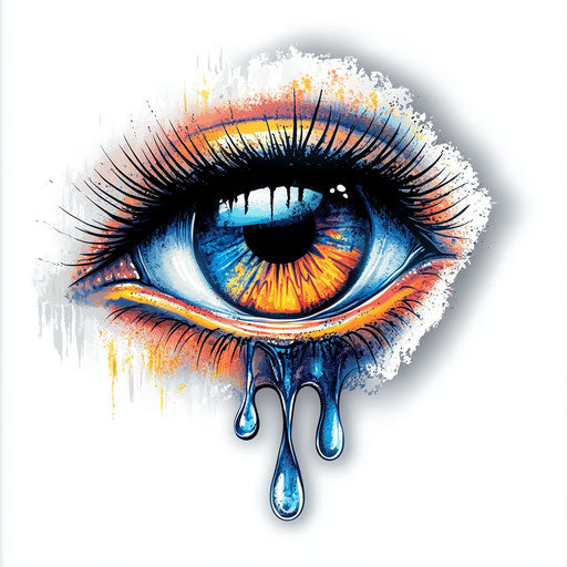 Eye tattoo with tear on arm in flat drawing style