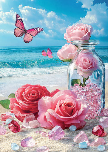 3D diamond painting of heart-shaped beach with pink roses and butterfly