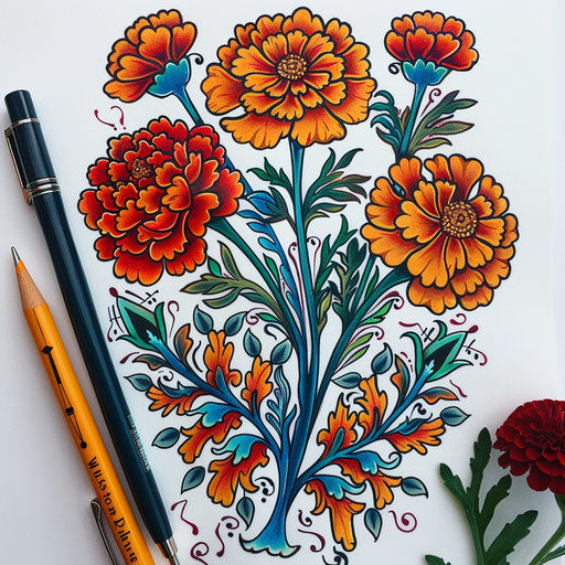 Folk art marigold tattoo sketch