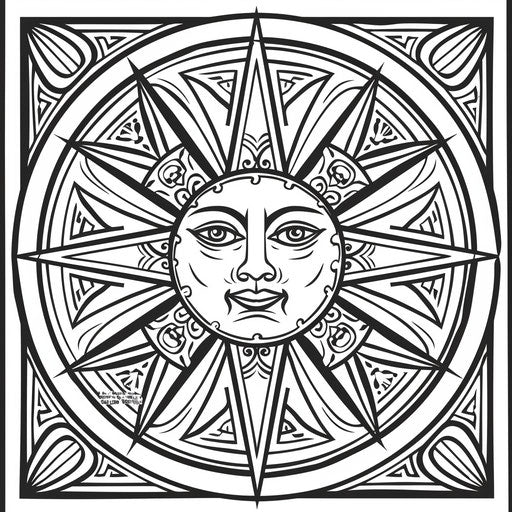 Stylized sun with tribal patterns, coloring book page