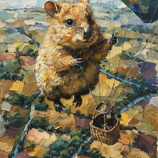 Quokka on balloon, gazing at patchwork landscape
