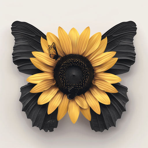 Sunflower clipart in photorealistic style with flat random background, monochrome palette and detailed wings